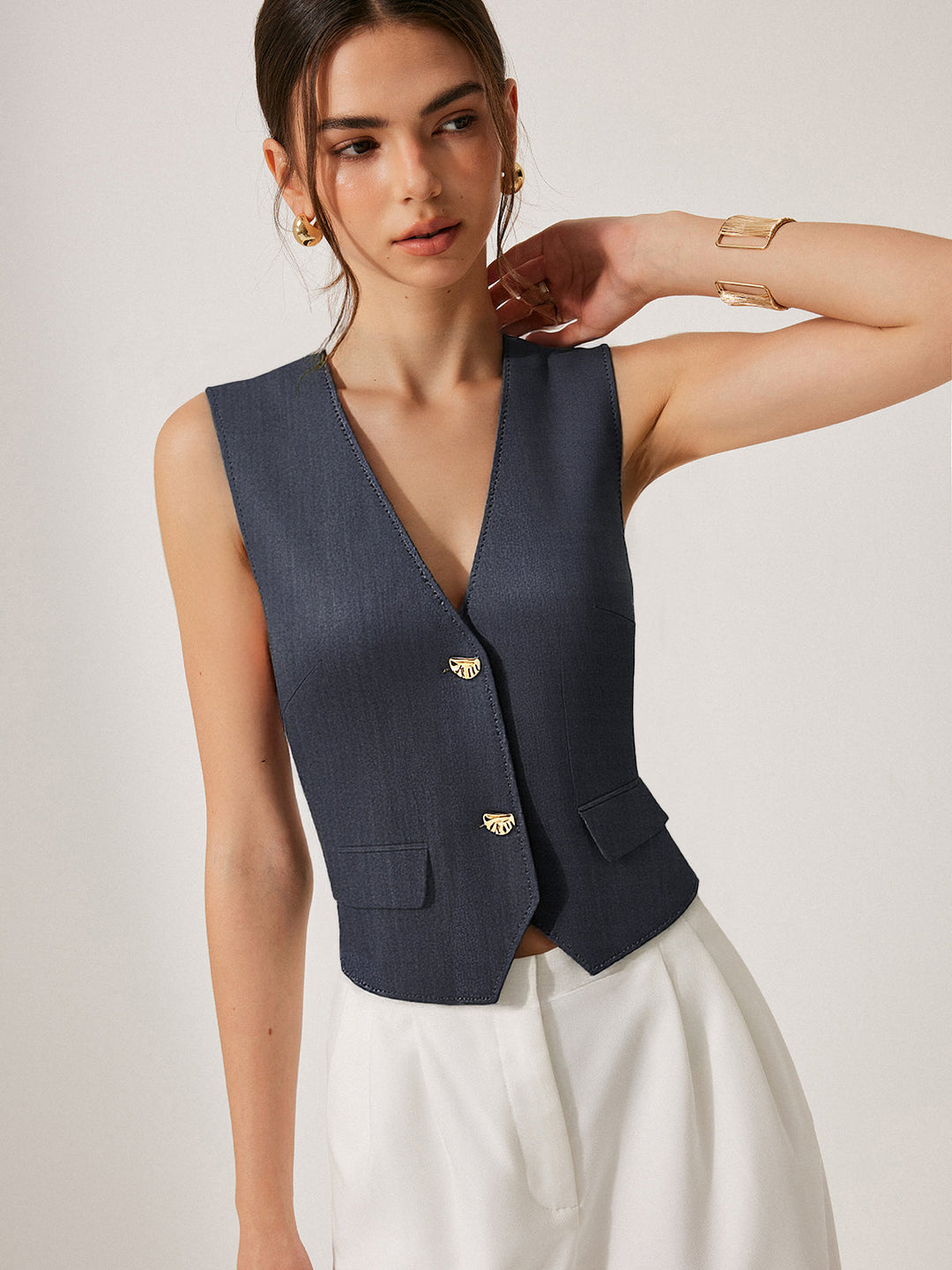 Metal Button V-Neck Vest