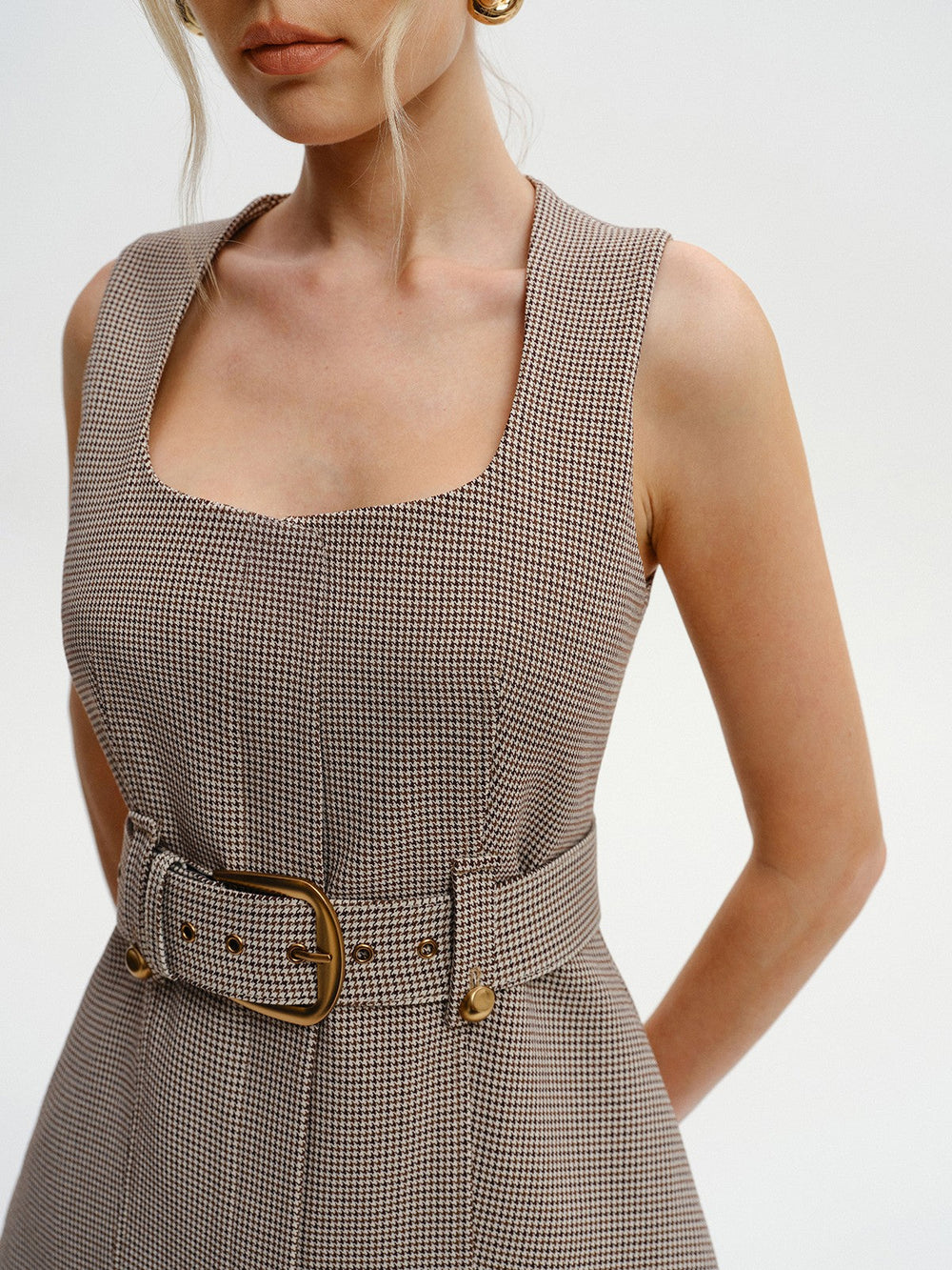 Belted Houndstooth Square-Neck Vest — women's vests, back view