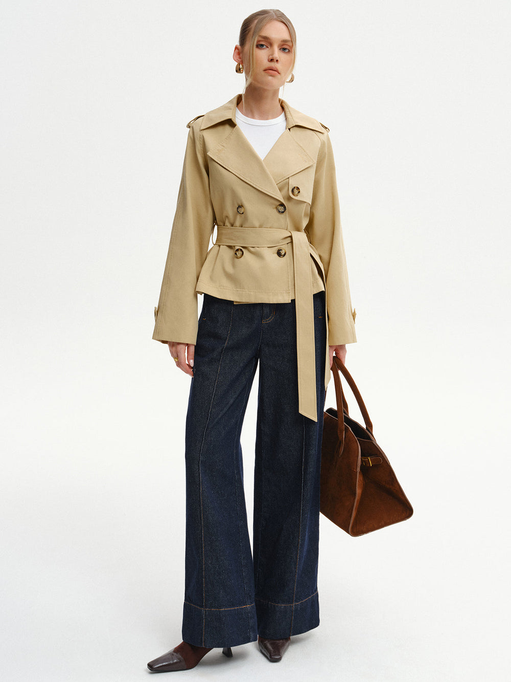 Double-Breasted Belted Trench Coat — women's trench coats, back view