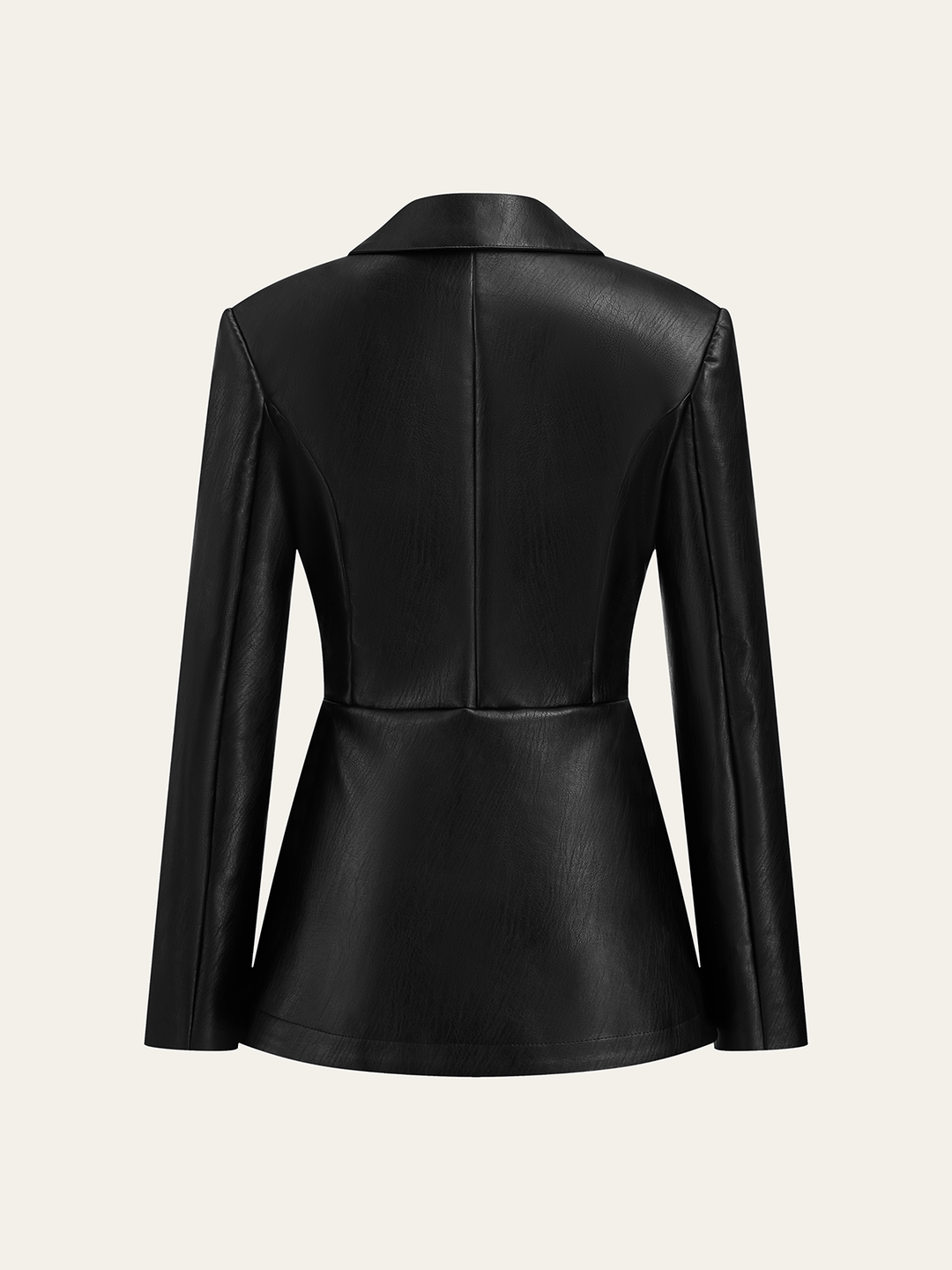 Back product shot of the black faux leather jacket with centre seam and curved hem