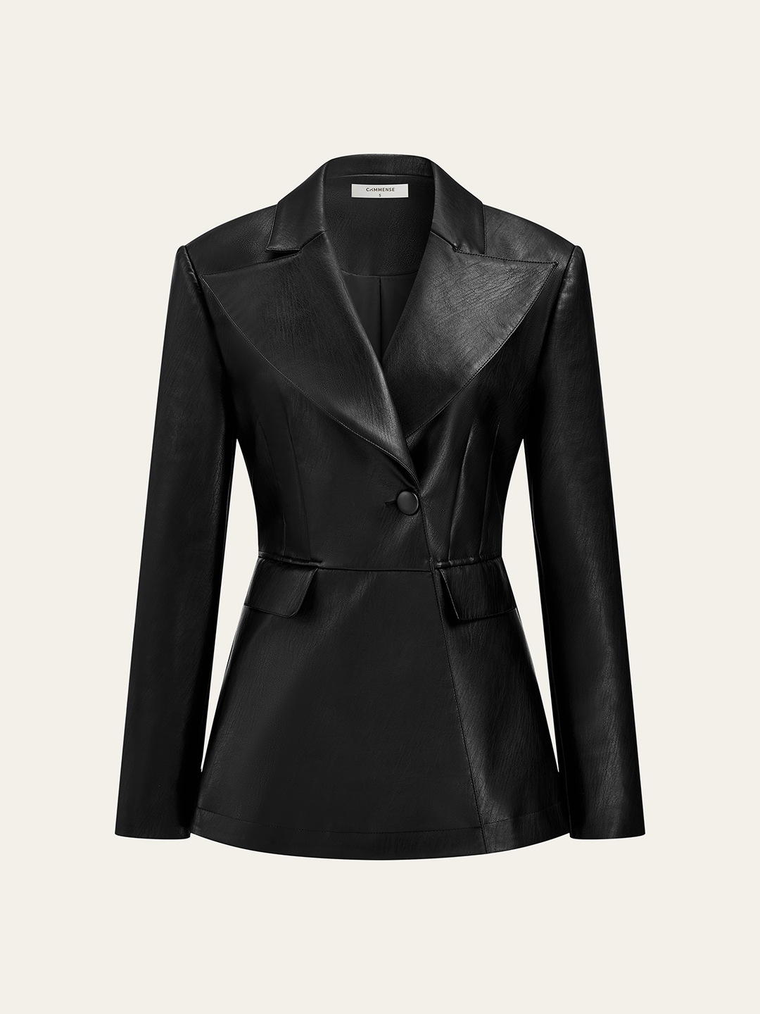 Black single button PU leather jacket with peak lapels and nipped waist, front product shot