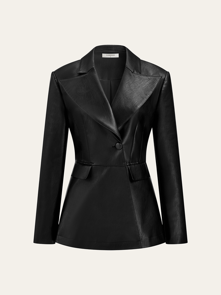 Black single button PU leather jacket with peak lapels and nipped waist, front product shot