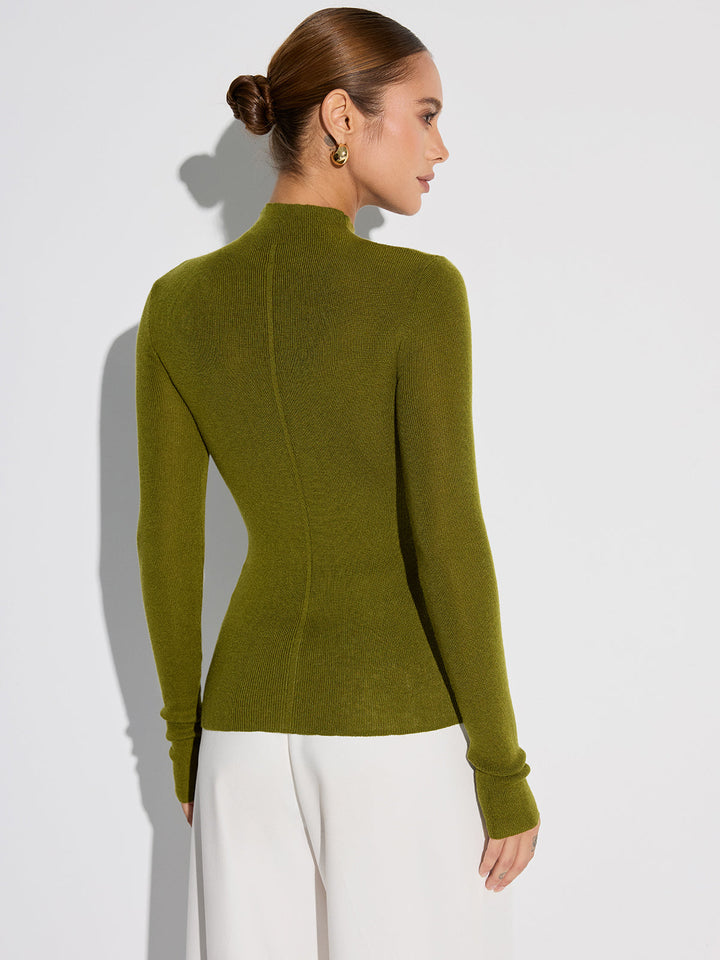 Mock Neck Wool-Blend Knit Top - women's knit top, full-length styled look
