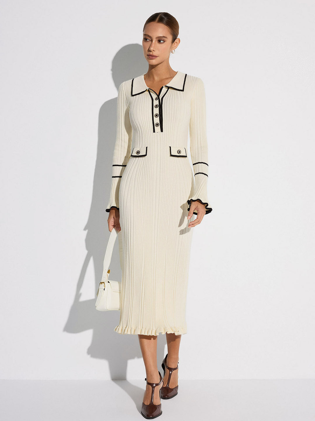Contrast Trim Buttoned Ribbed Sweater Dress — women's sweater dresses, front view