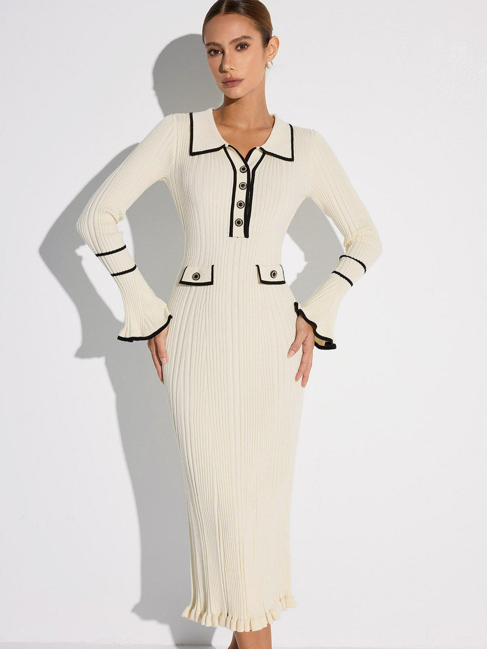 Contrast Trim Buttoned Ribbed Sweater Dress — women's sweater dresses, back view