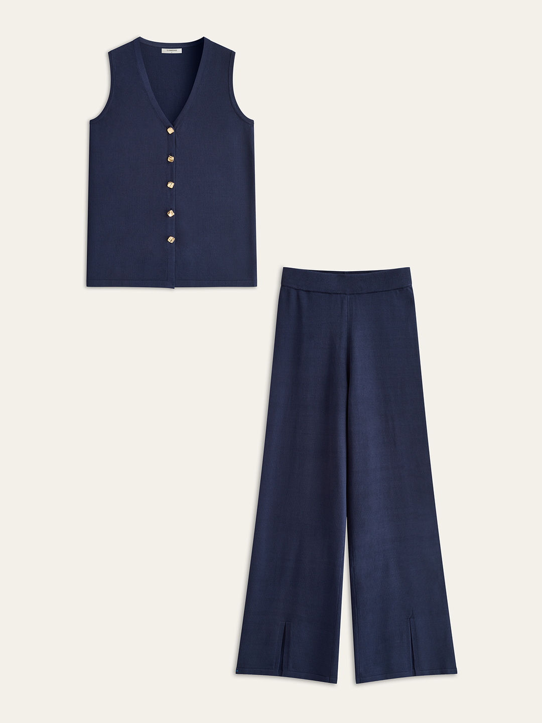 Golden Button Knit Vest Pants Set - women's two-piece trouser set, back view
