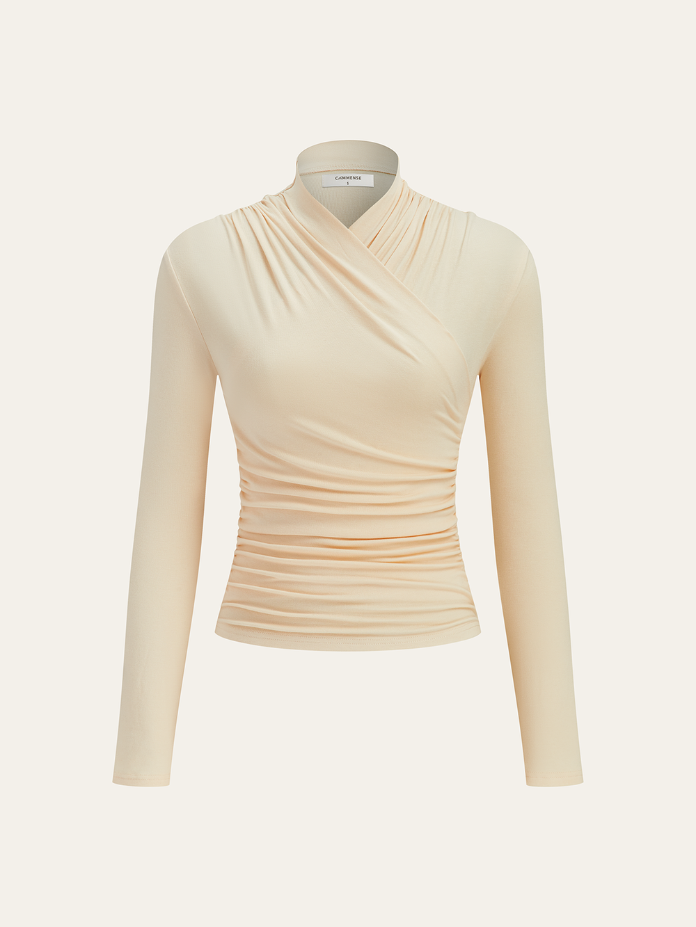 Cross-Over Collar Pleated Cinched T-Shirt — women's t-shirts, back view