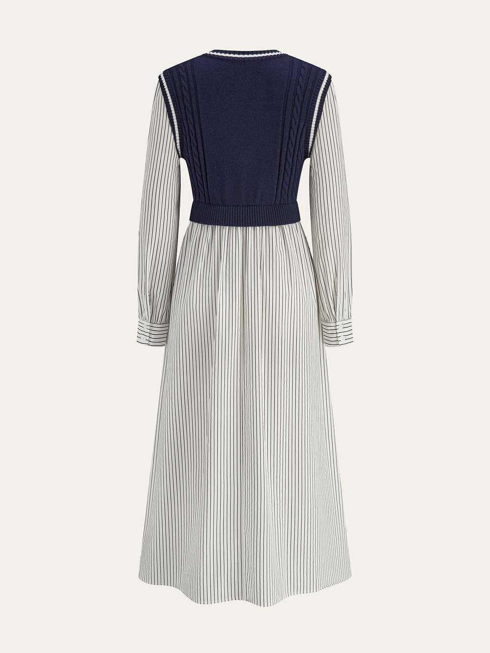 2 in 1 Cable-Knit Paneled Striped Midi Dress — women's sweater dresses, back view
