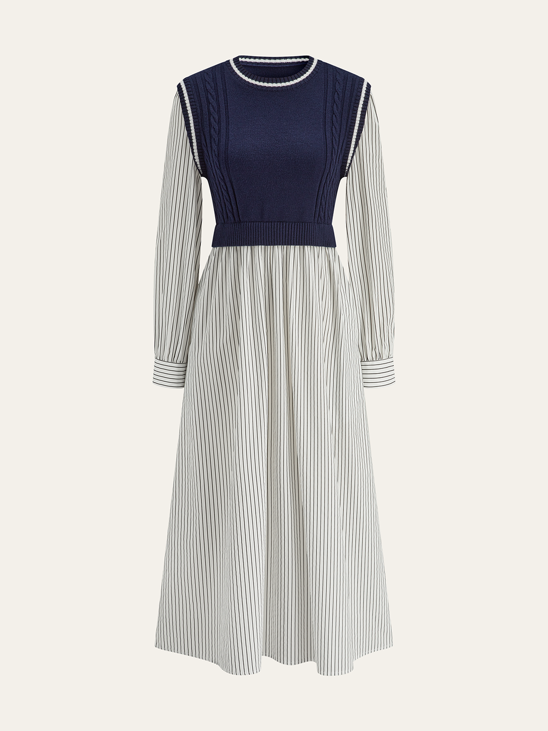 2 in 1 Cable-Knit Paneled Striped Midi Dress
