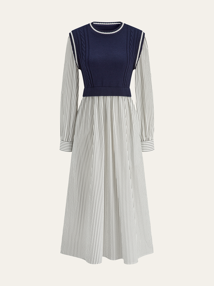 2 in 1 Cable-Knit Paneled Striped Midi Dress