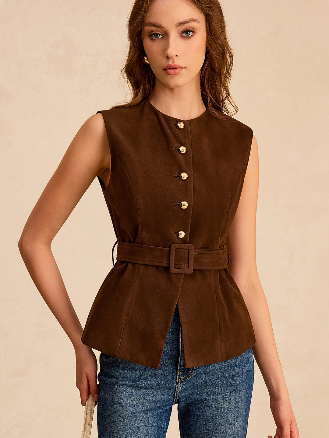 Suede Effect Vest with Belt — women's vests, front view
