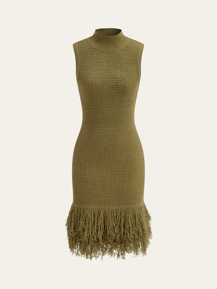 Product shot of the olive green sleeveless mock neck knit dress with fringed hem on white
