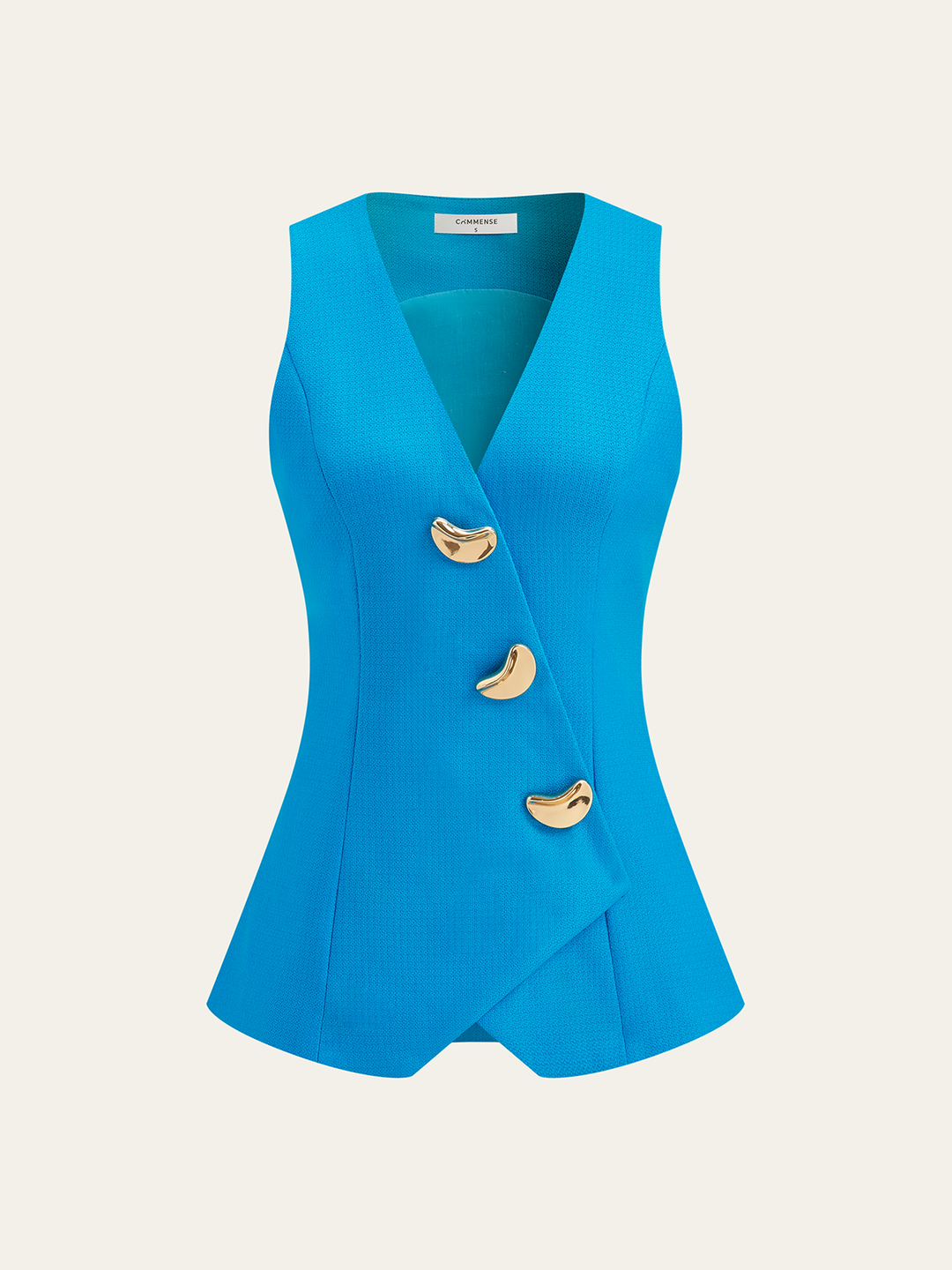 Product shot of the azure blue V-neck waistcoat with gold metallic buttons on a plain backdrop