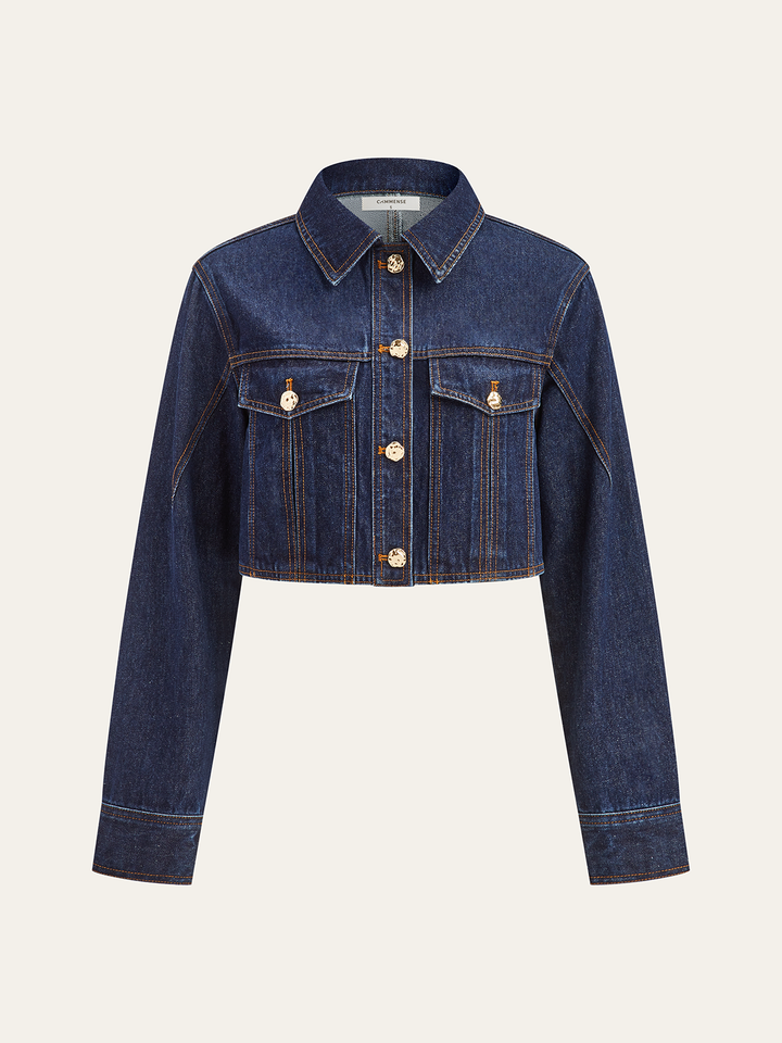 Navy cropped denim jacket with gold buttons, front product shot on grey background