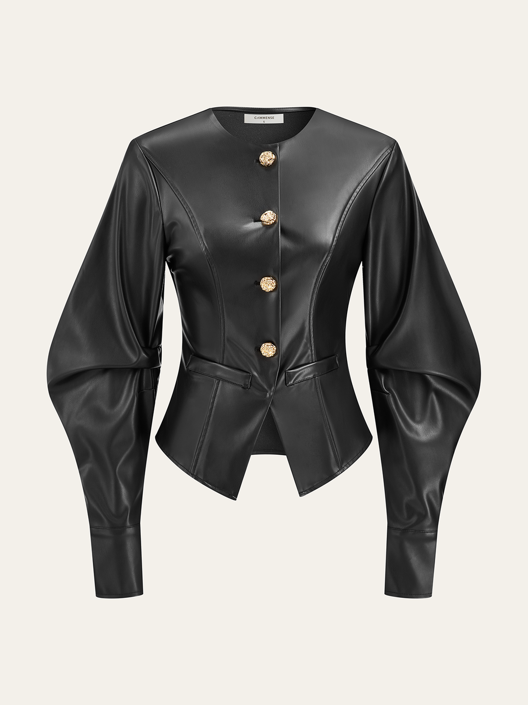 Front product shot of black PU leather peplum jacket with gold buttons and puff sleeves