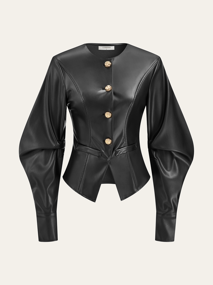 Front product shot of black PU leather peplum jacket with gold buttons and puff sleeves
