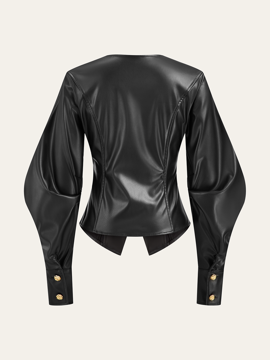 Back view of black faux leather fitted jacket with leg of mutton sleeves and nipped waist