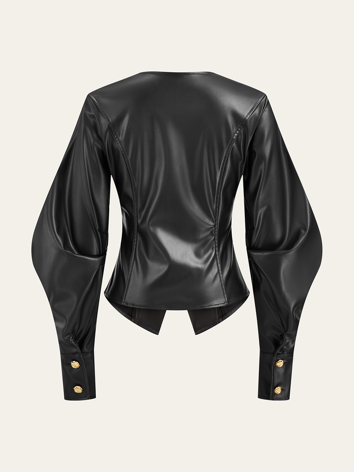 Back view of black faux leather fitted jacket with leg of mutton sleeves and nipped waist