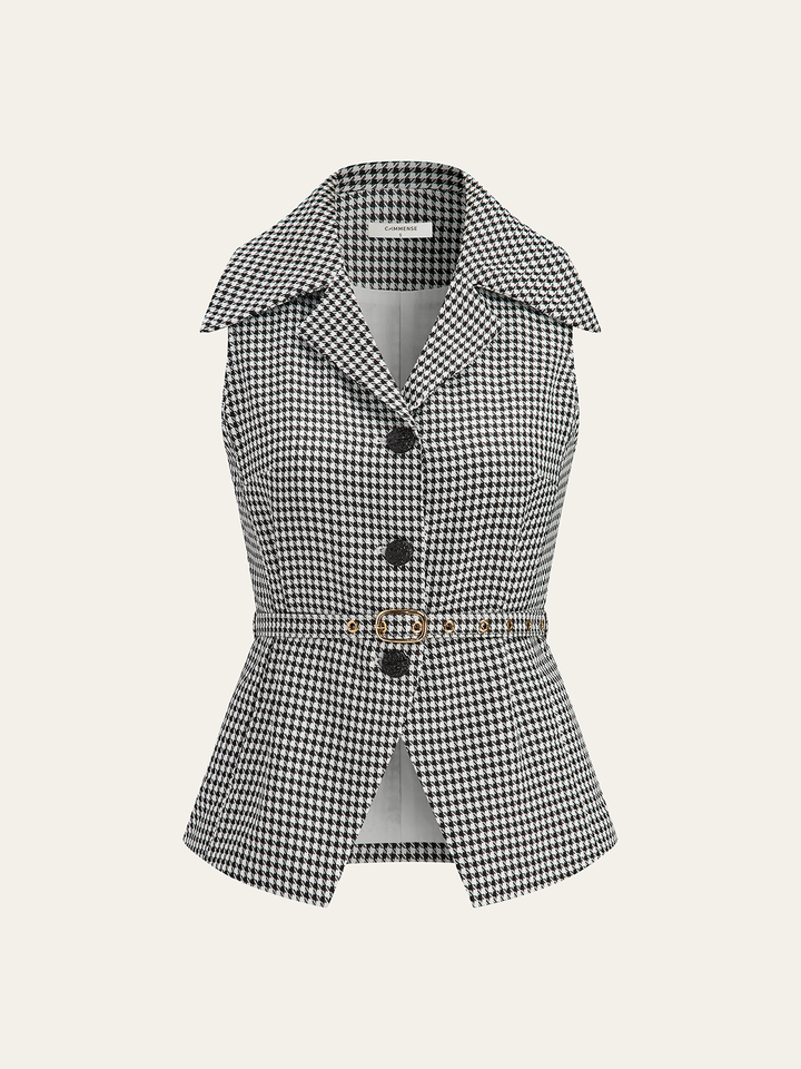 Black and white houndstooth belted vest with collar and peplum hem, front product view