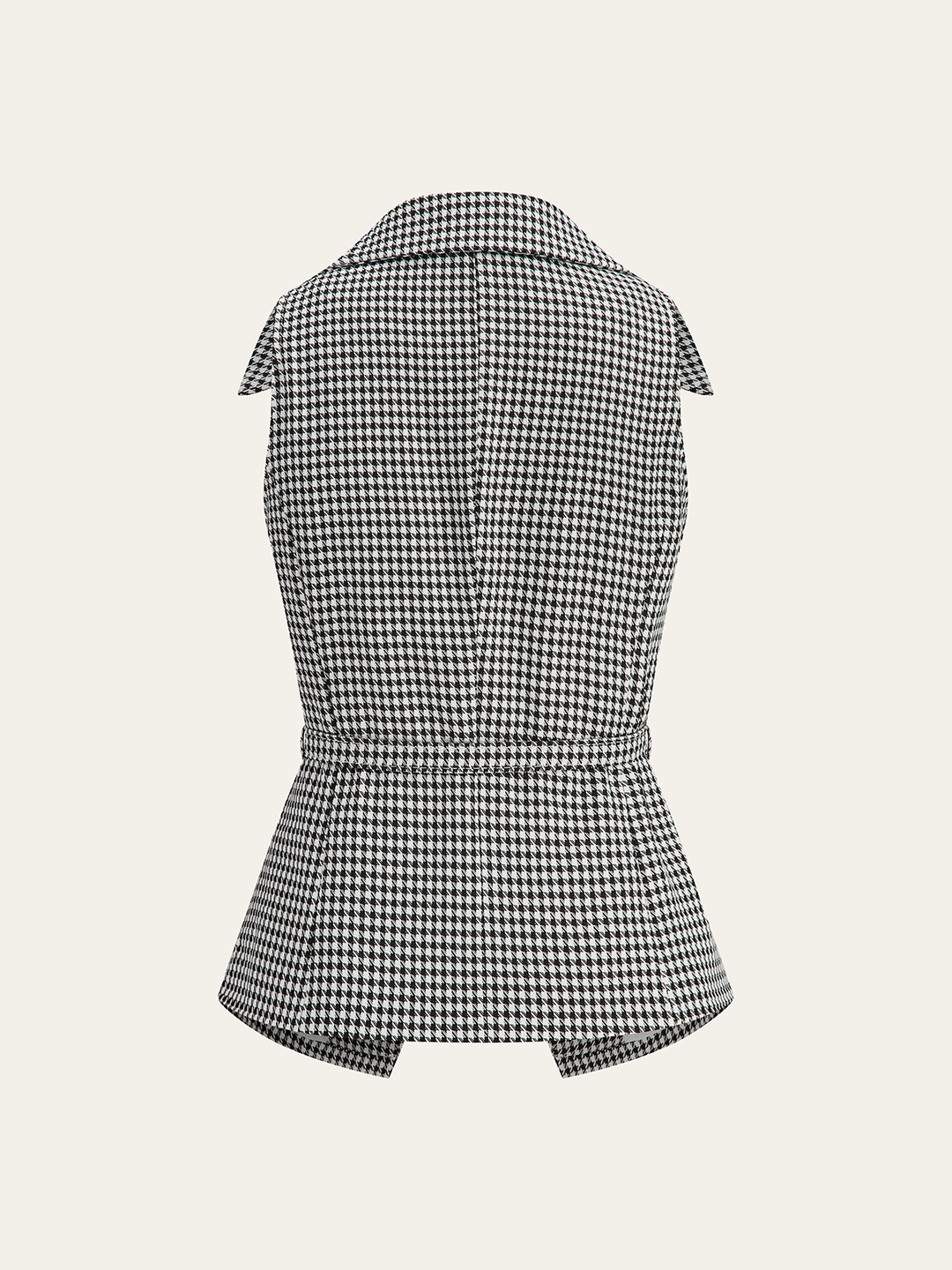 Back view of the houndstooth sleeveless vest showing the back belt and flared peplum
