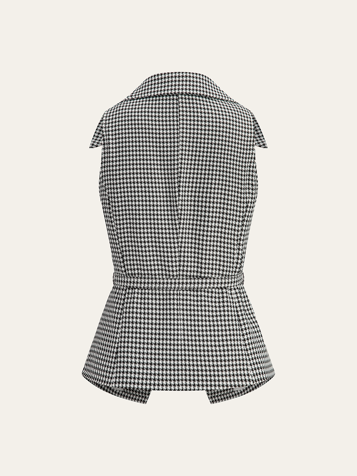 Back view of the houndstooth sleeveless vest showing the back belt and flared peplum