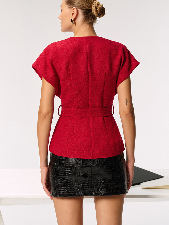 Taille detail rood tweed vest met brede stoffen riem en vierkante gesp
