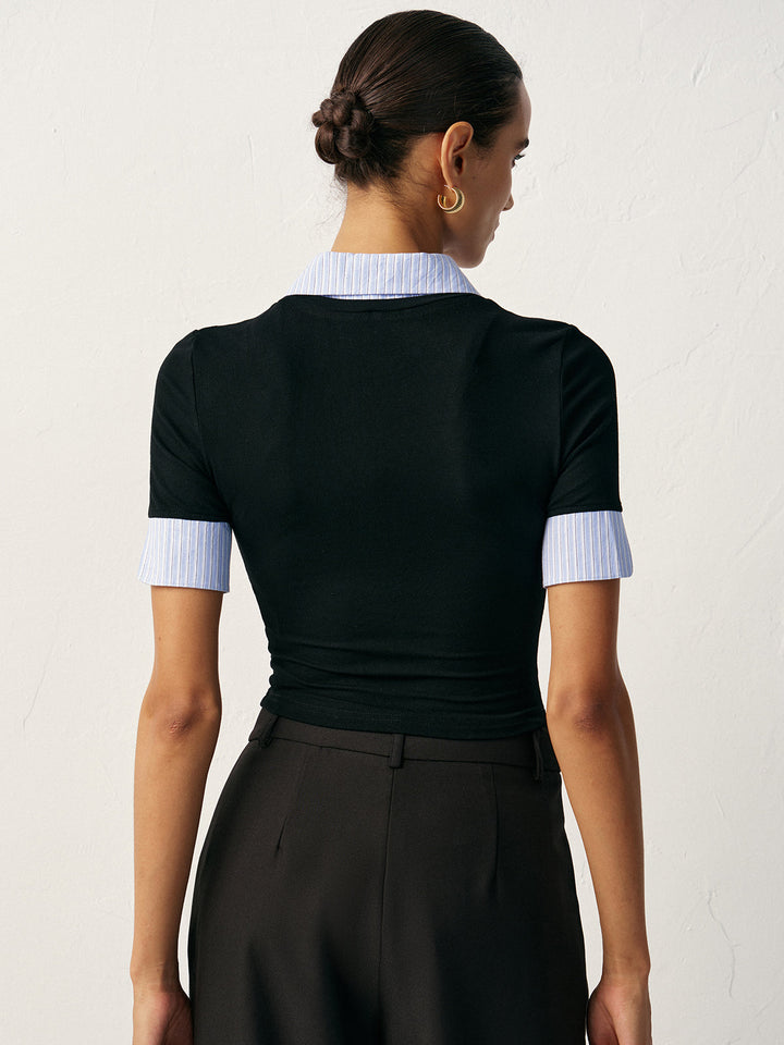 2 in 1 Paneled Collar And Cuffs Fitted T-Shirt