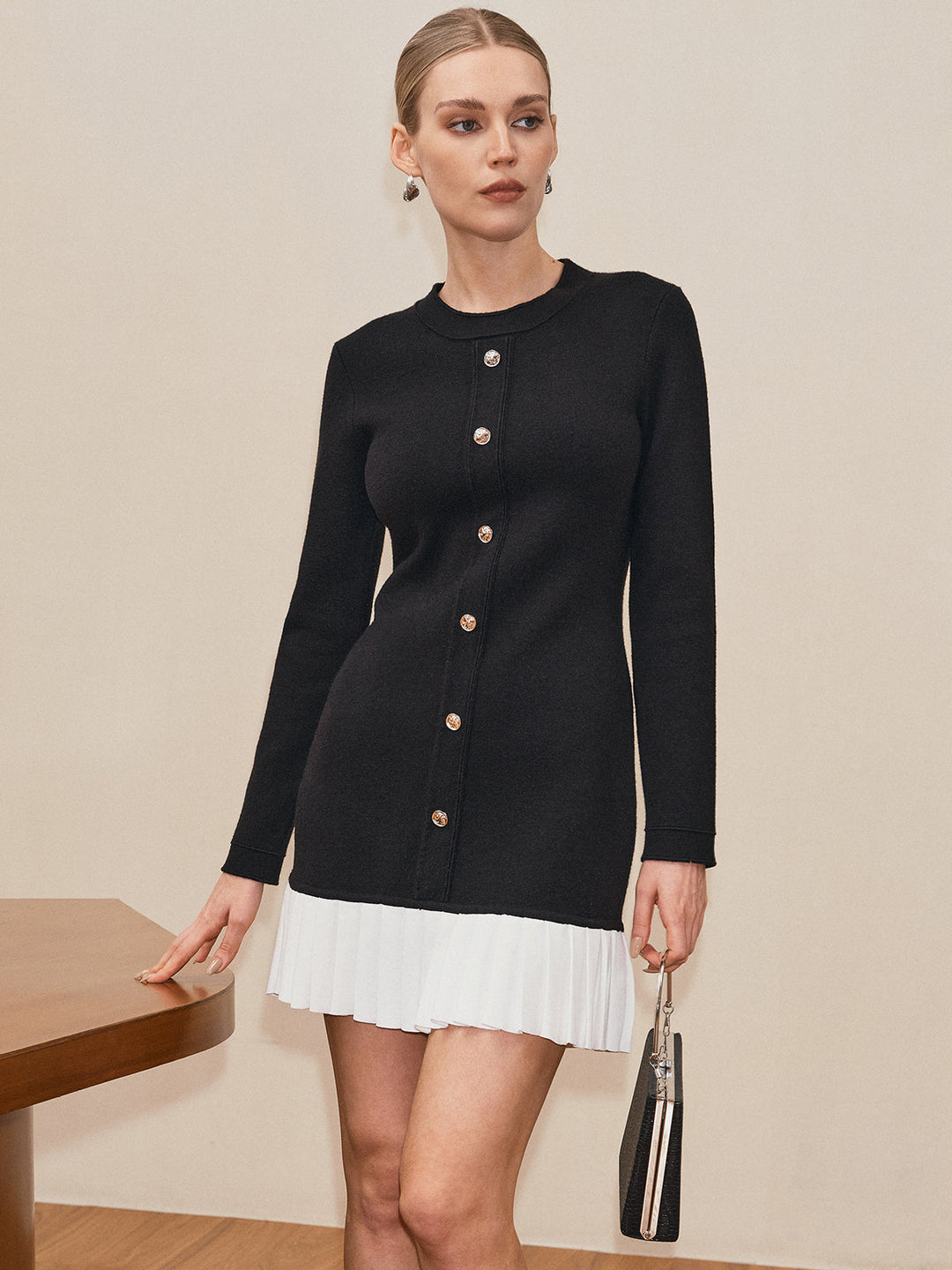 Long Sleeve Pleated Hem Sweater Dress — women's sweater dresses, front view