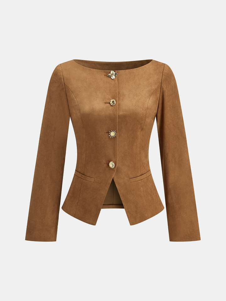 Suede Effect Fitted Metal Button Jacket