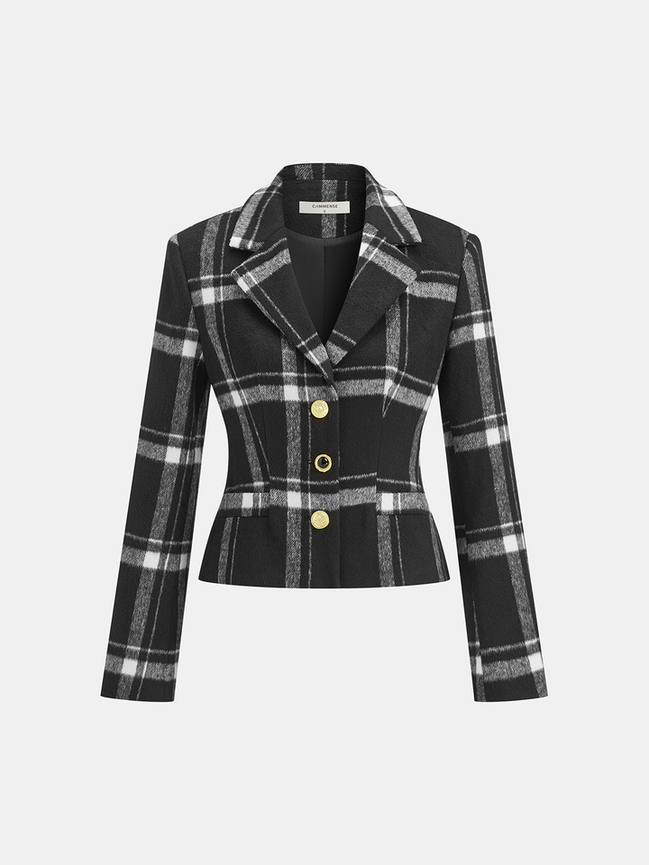 Plaid Wool Blend Blazer - women's blazer, neckline detail