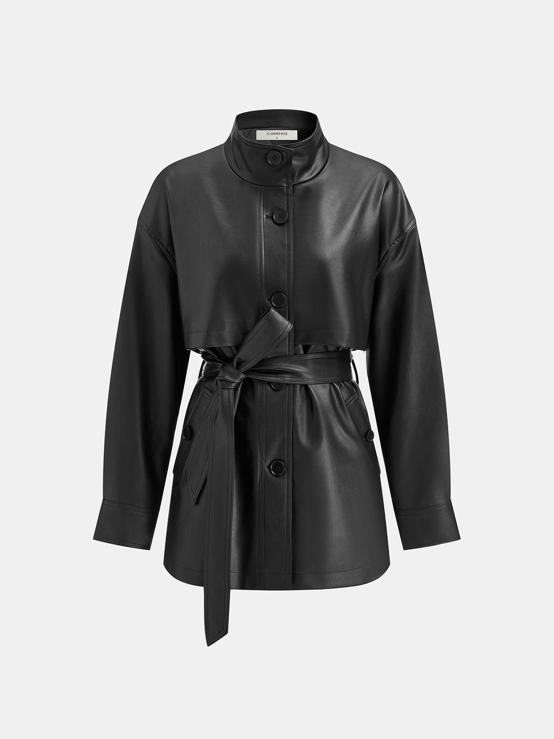 Flat product shot of black stand collar belted PU leather quilted jacket