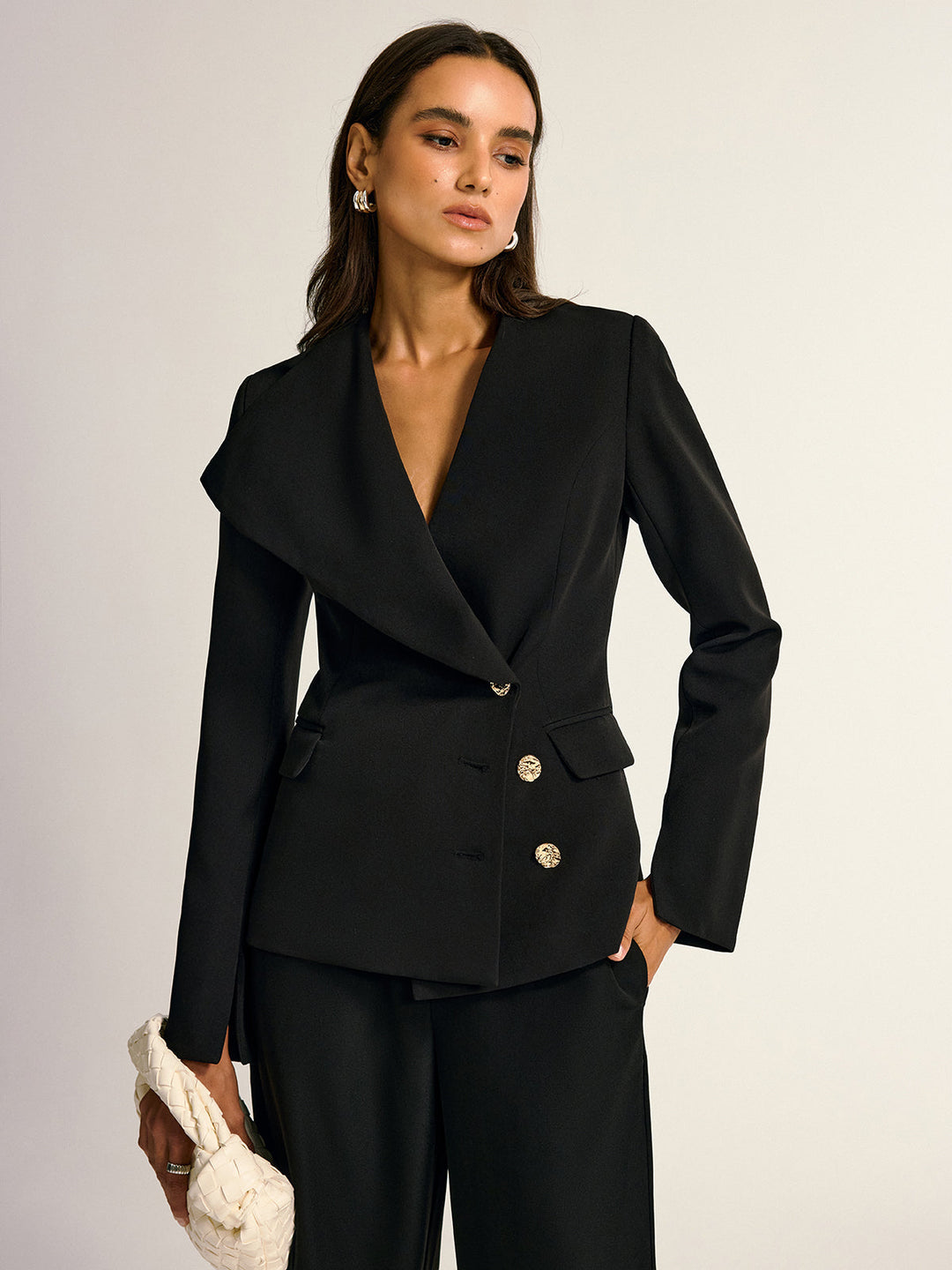 Metal Button Shawl Collar Blazer — women's blazers, front view