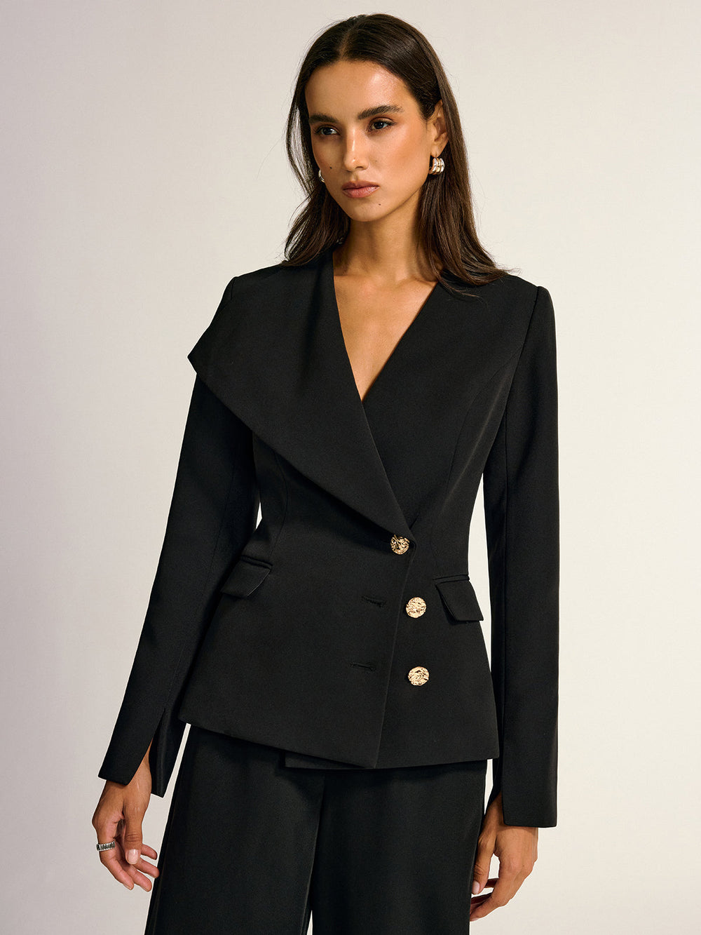 Metal Button Shawl Collar Blazer — women's blazers, back view