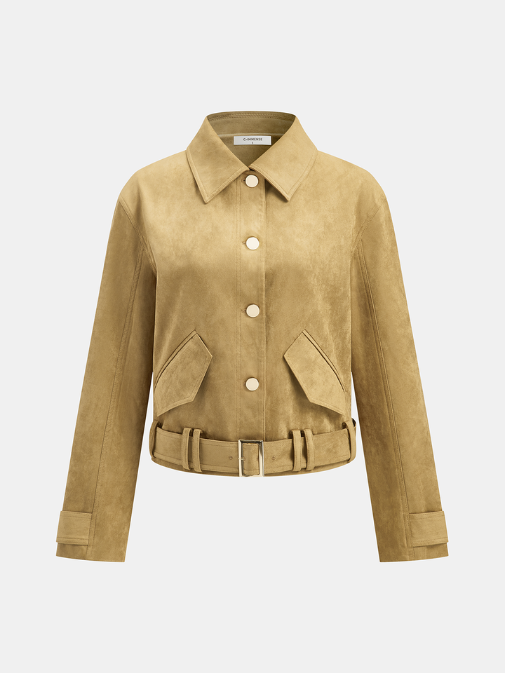 Front product shot of the belted camel faux suede jacket with flap pockets