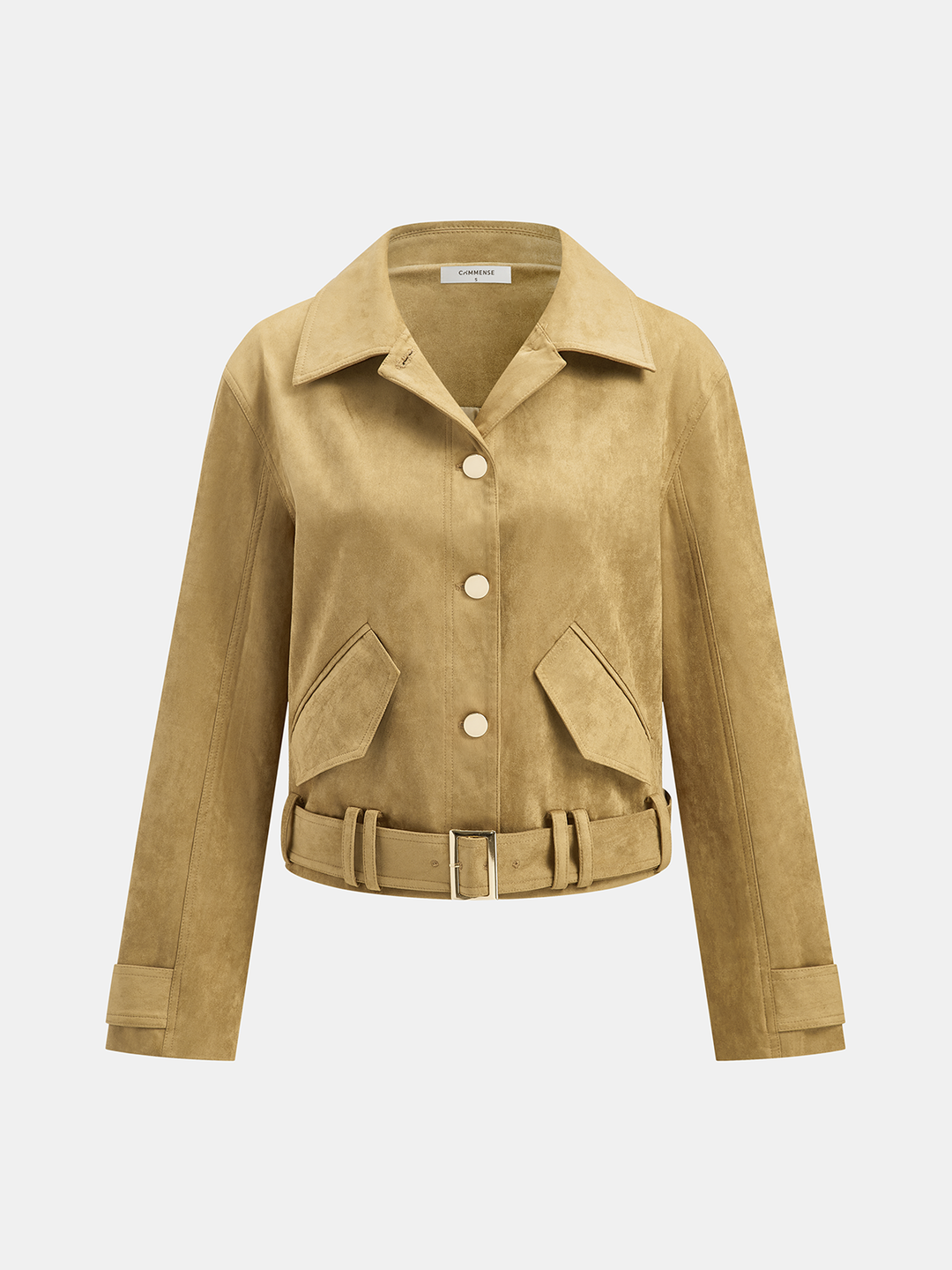 Angled product shot of the belted collared suede jacket in camel
