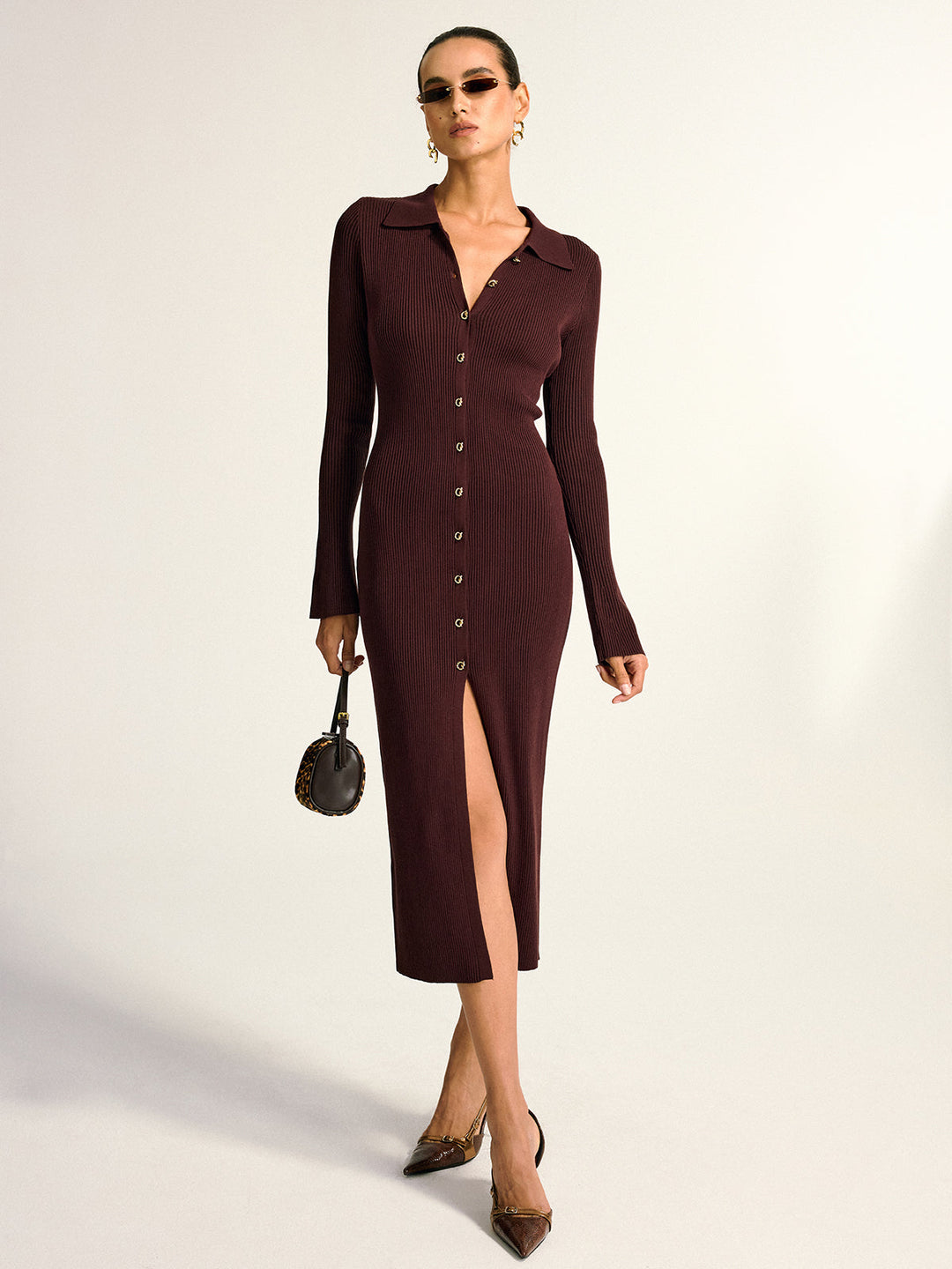 Metal Button Collar Ribbed Knit Midi Dress — women's sweater dresses, front view