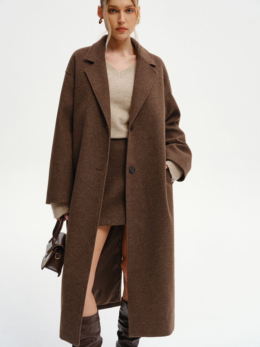 Oversized Tweed Long Coat — women's wool coats, front view