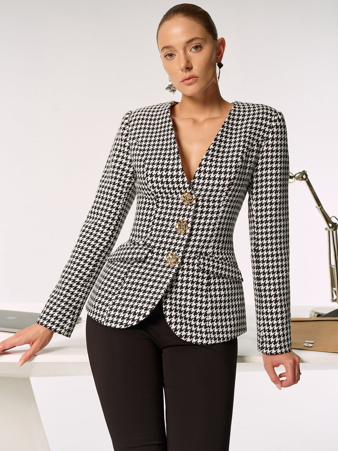 Metal Button Houndstooth Blazer