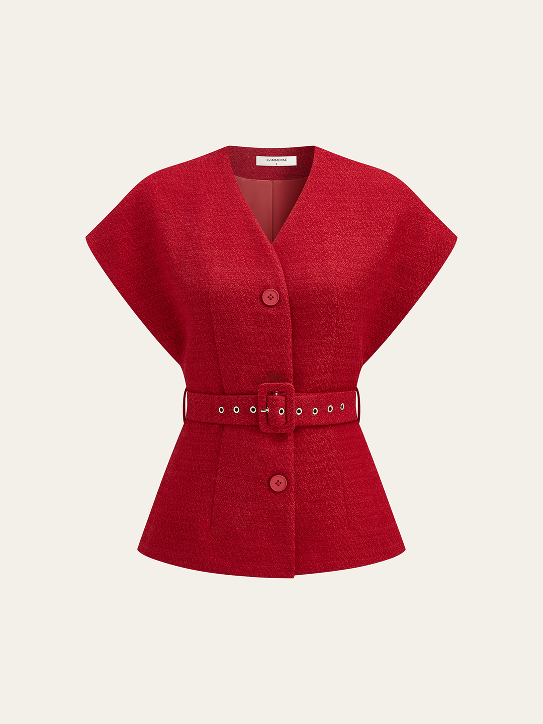 Rood tweed vest met kapmouwen, V-hals en bijpassende stoffen riem, vooraanzicht