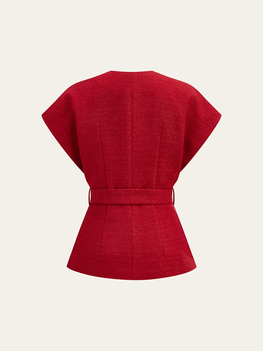 Achterkant rood tweed vest met kapmouwen, riemlussen en uitlopende zoom
