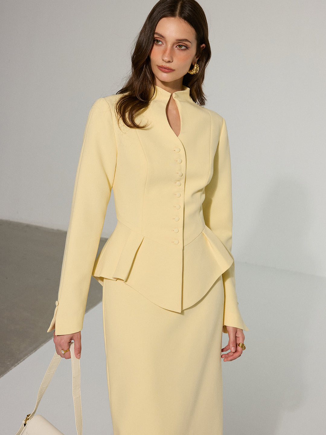 Keyhole Neckline Button Front Peplum Blazer