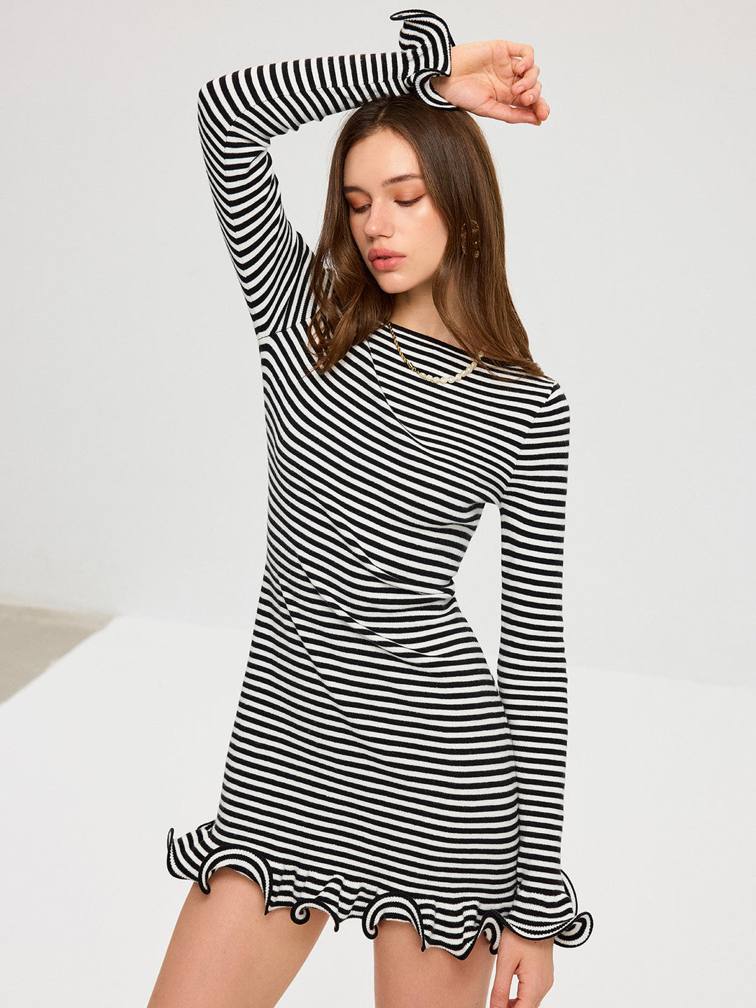 Long Sleeve Striped Ruffle Hem Mini Dress