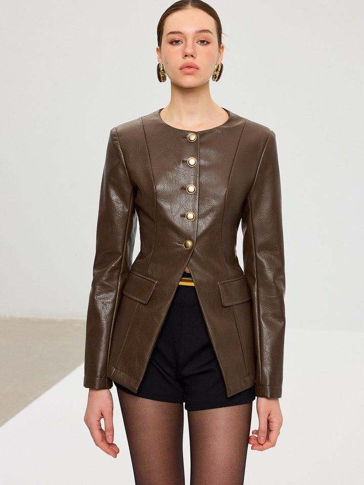 Straight-on view of dark brown metal button fitted faux leather jacket