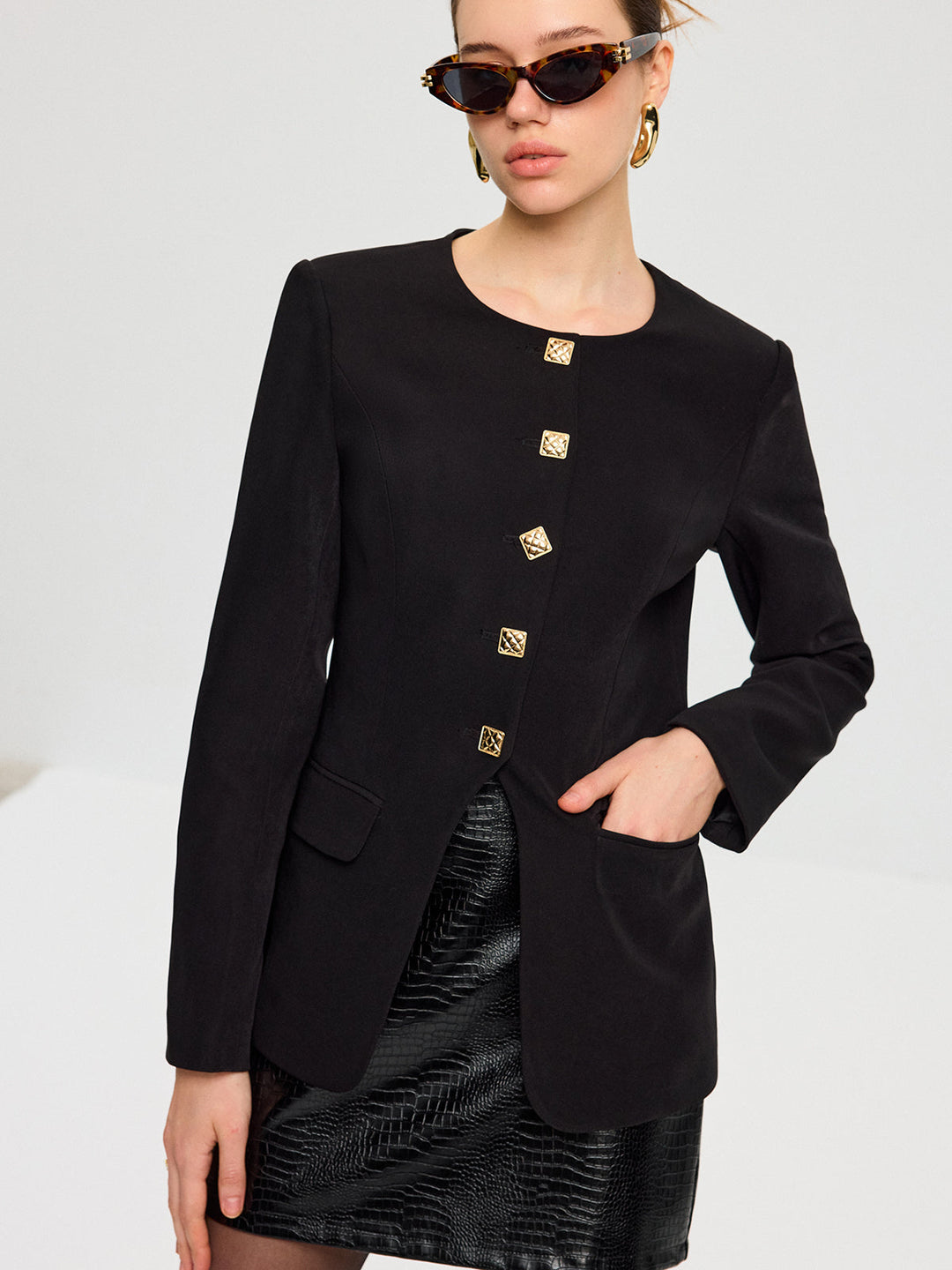 Split Hem Metal Button Blazer