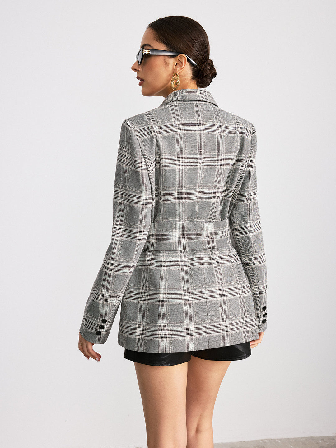 Plaid Cotton Blend Blazer with Wide Belt
