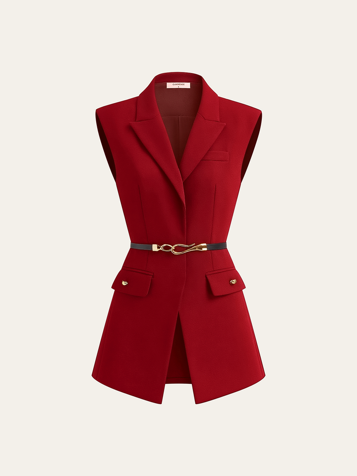 Red colourway of the belted wide shoulder vest, front view with gold knot buckle and flap pockets