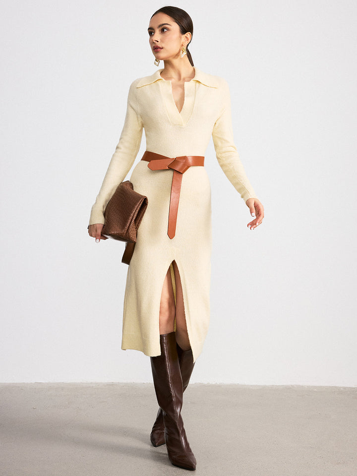 Collared Split-Hem Belted Knit Midi Dress