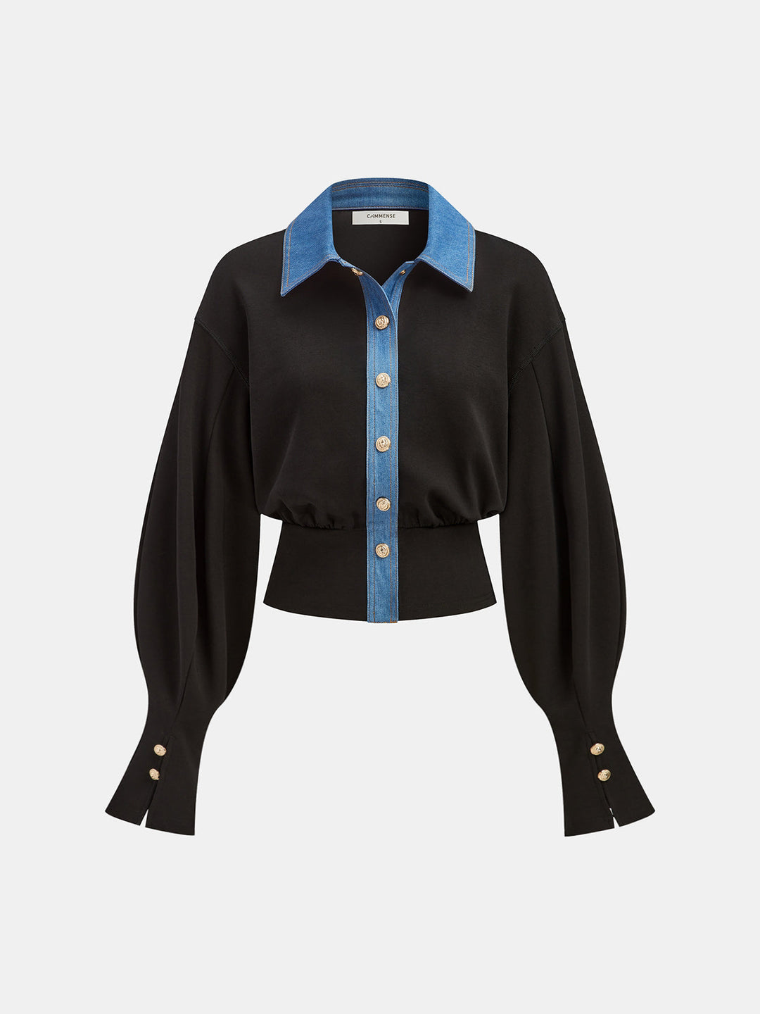 Front product shot of the black cropped shirt with contrast denim collar and placket