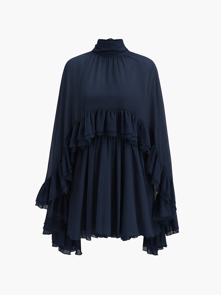 Semi-Sheer Chiffon Ruffle Dress With Outer Cape