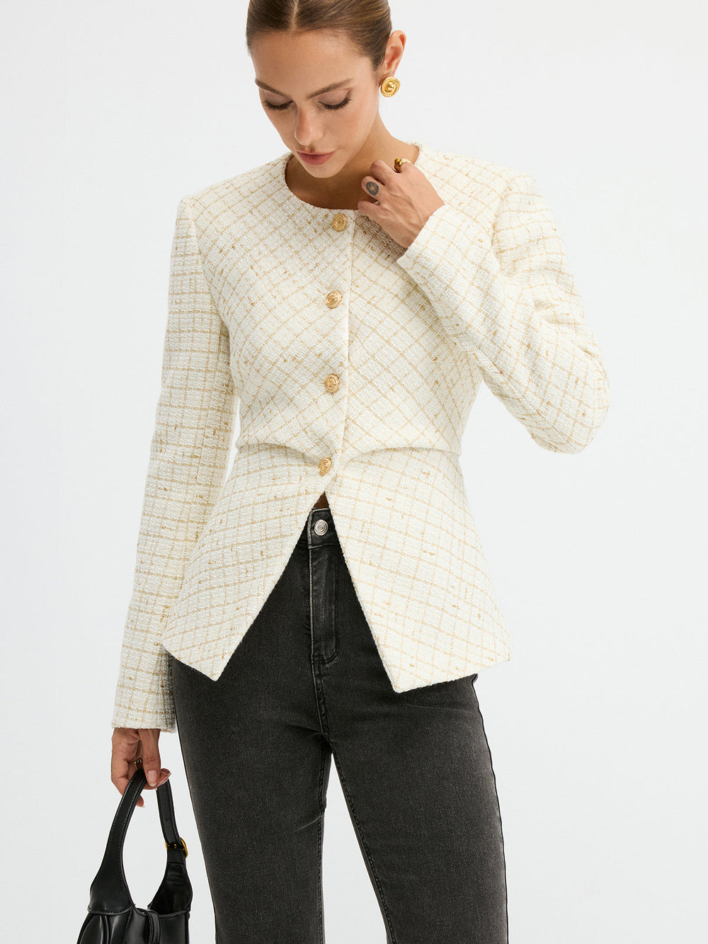 Tweed Round Neck Waist-Cinching Blazer — women's blazers, back view